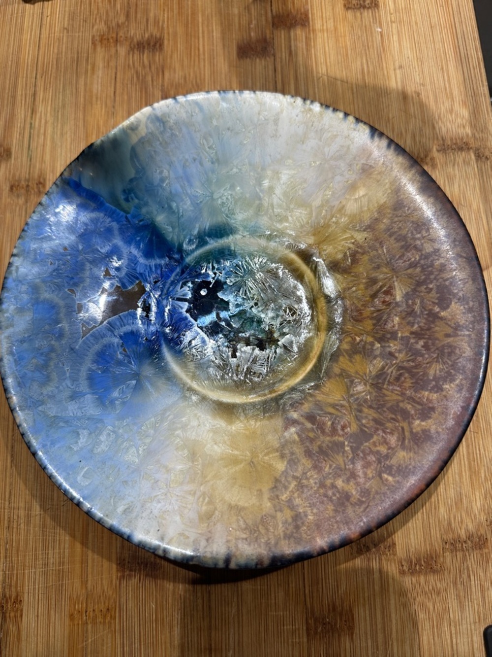 Follette Pottery Brown Cream Blue Crystalline Geod Bowl Dish SIGNED, 8"